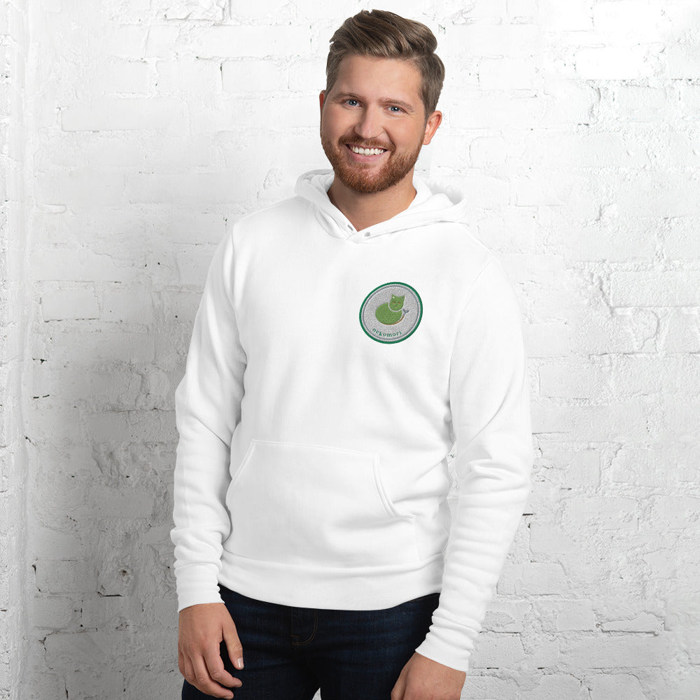 White Contour Cat line-art hoodie, front view on a plain background.