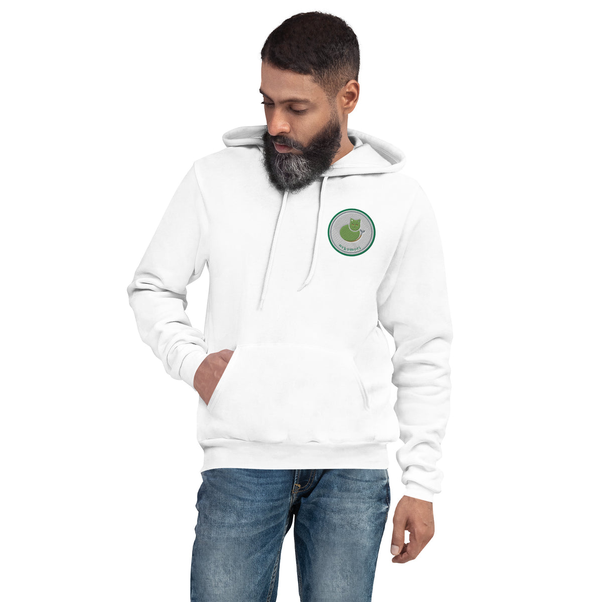 White midweight fleece cat hoodie, front view with the circular cat-and-sprout chest mark.