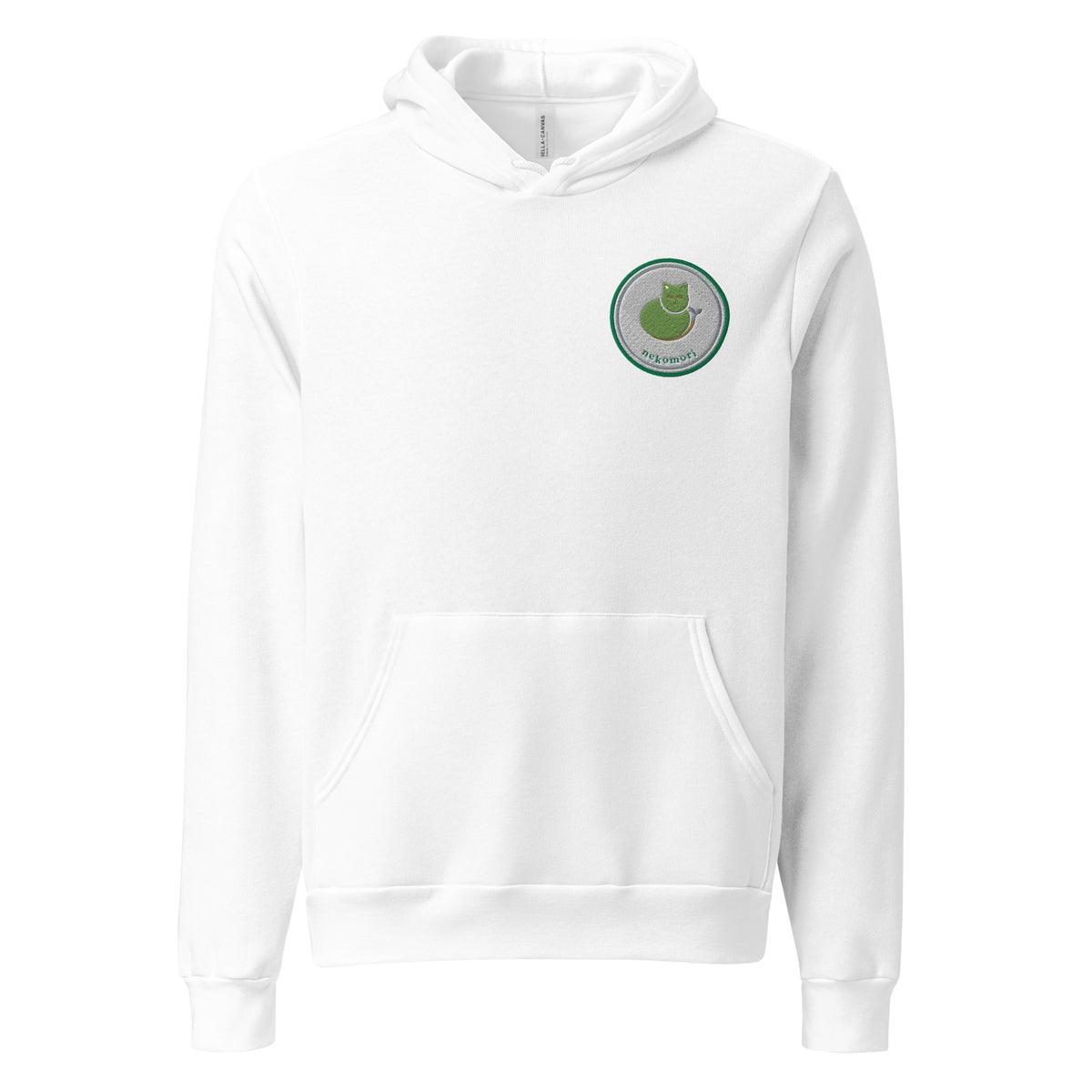 White cat hoodie shown from the front, with the circular Nekomori cat-and-sprout emblem in forest green at the left chest.
