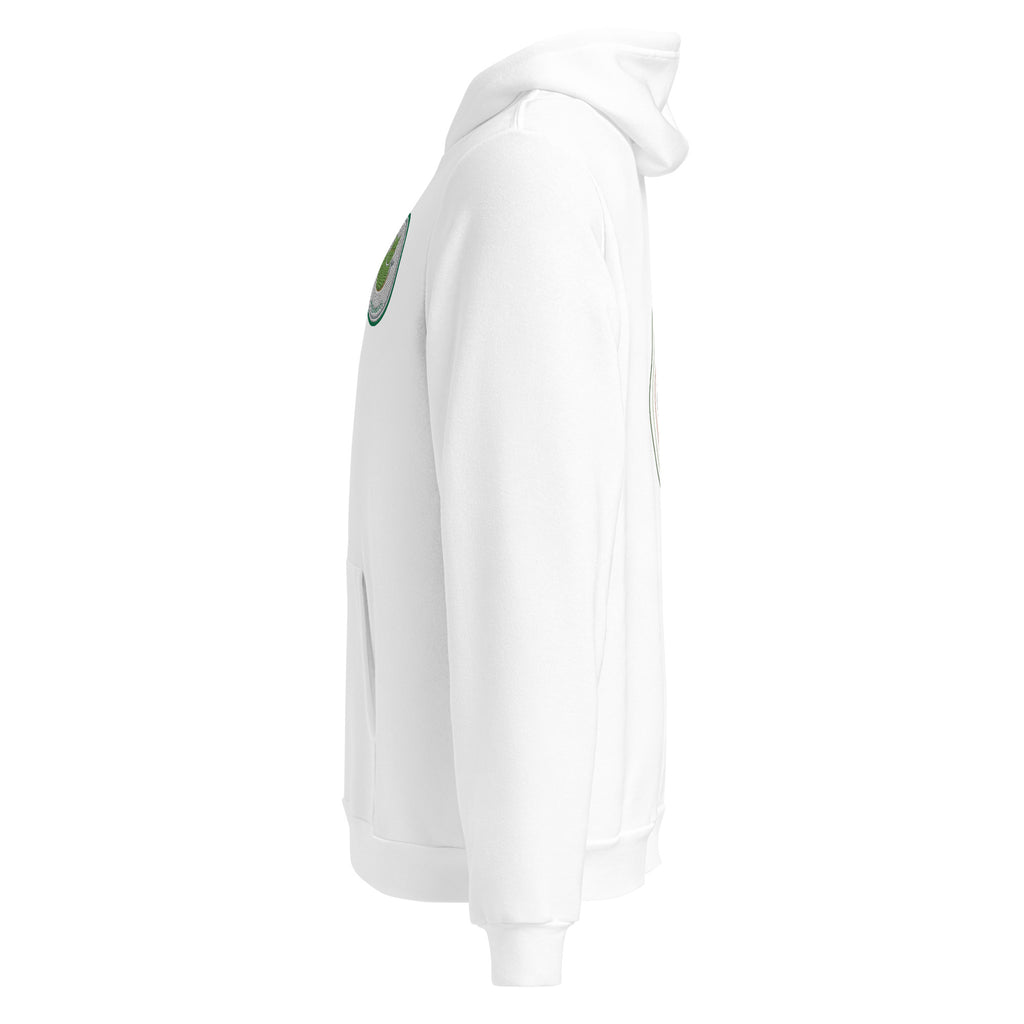 Left profile of the white Contour Cat hoodie, showing the cat-and-sprout emblem at the left chest.