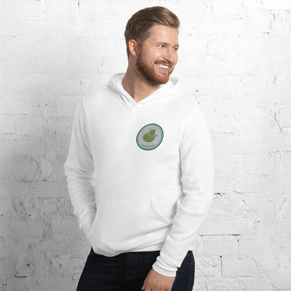 White Contour Cat line-art hoodie, front left three-quarter view.