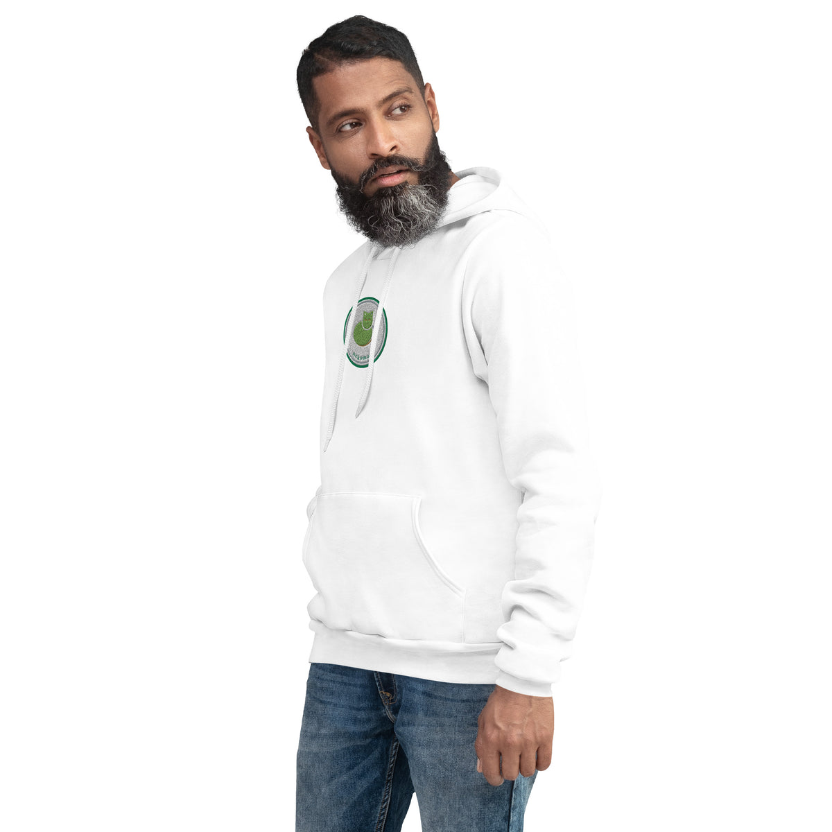 White Contour Cat hoodie at a three-quarter angle from the front left.
