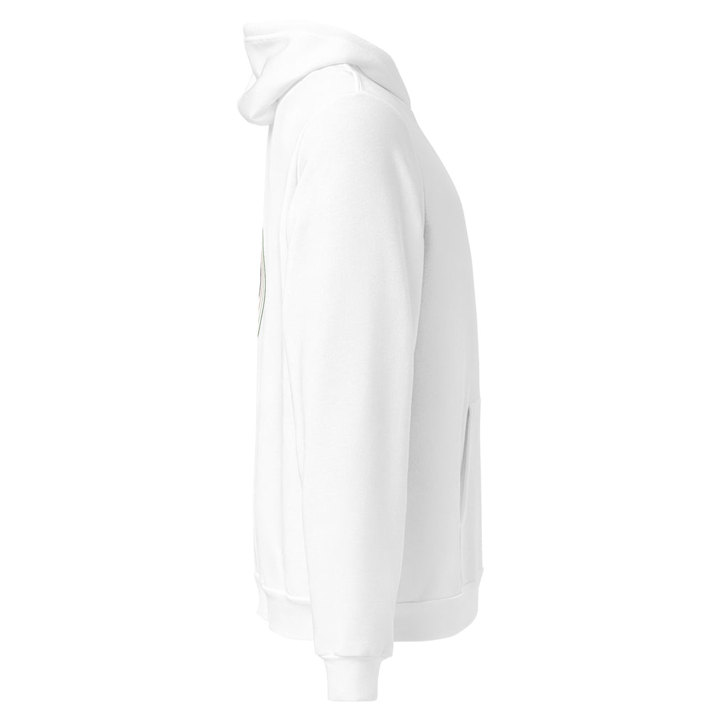 Right profile of the white Contour Cat line-art hoodie on a plain background.