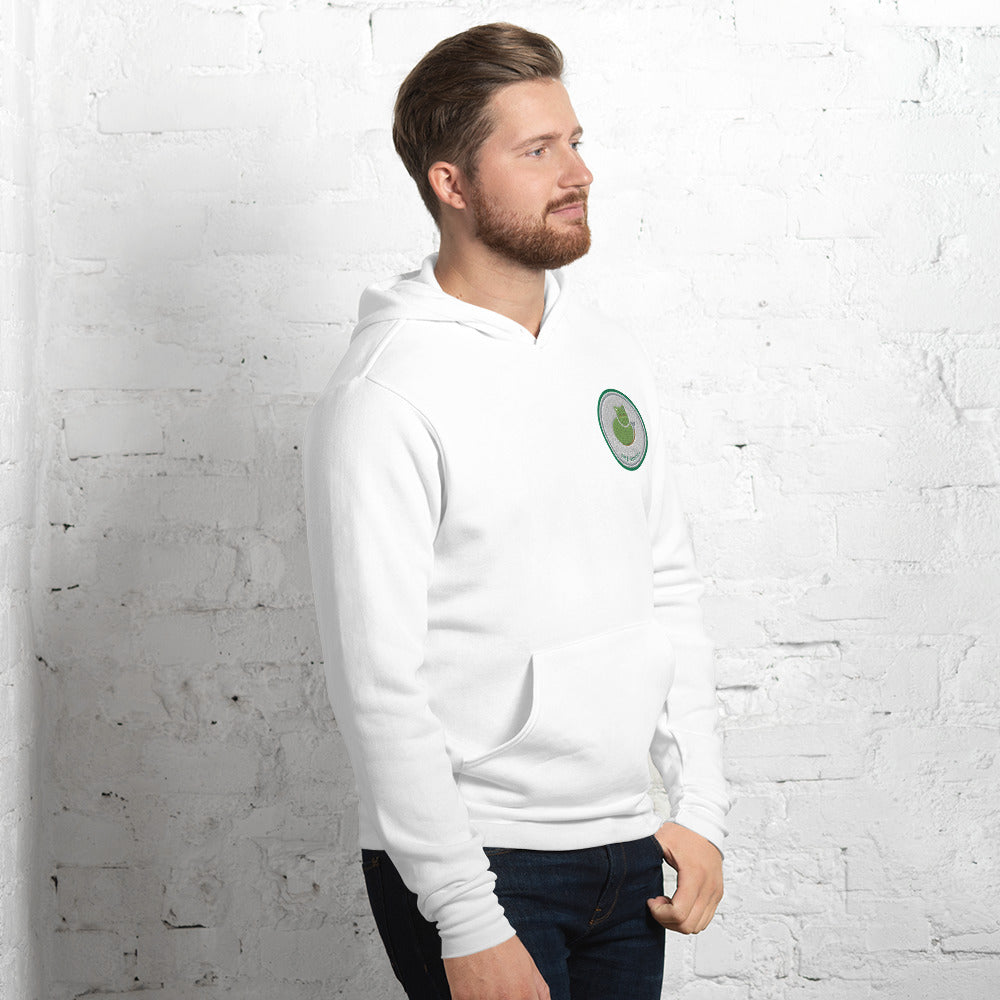 White Contour Cat line-art hoodie, front right three-quarter view.