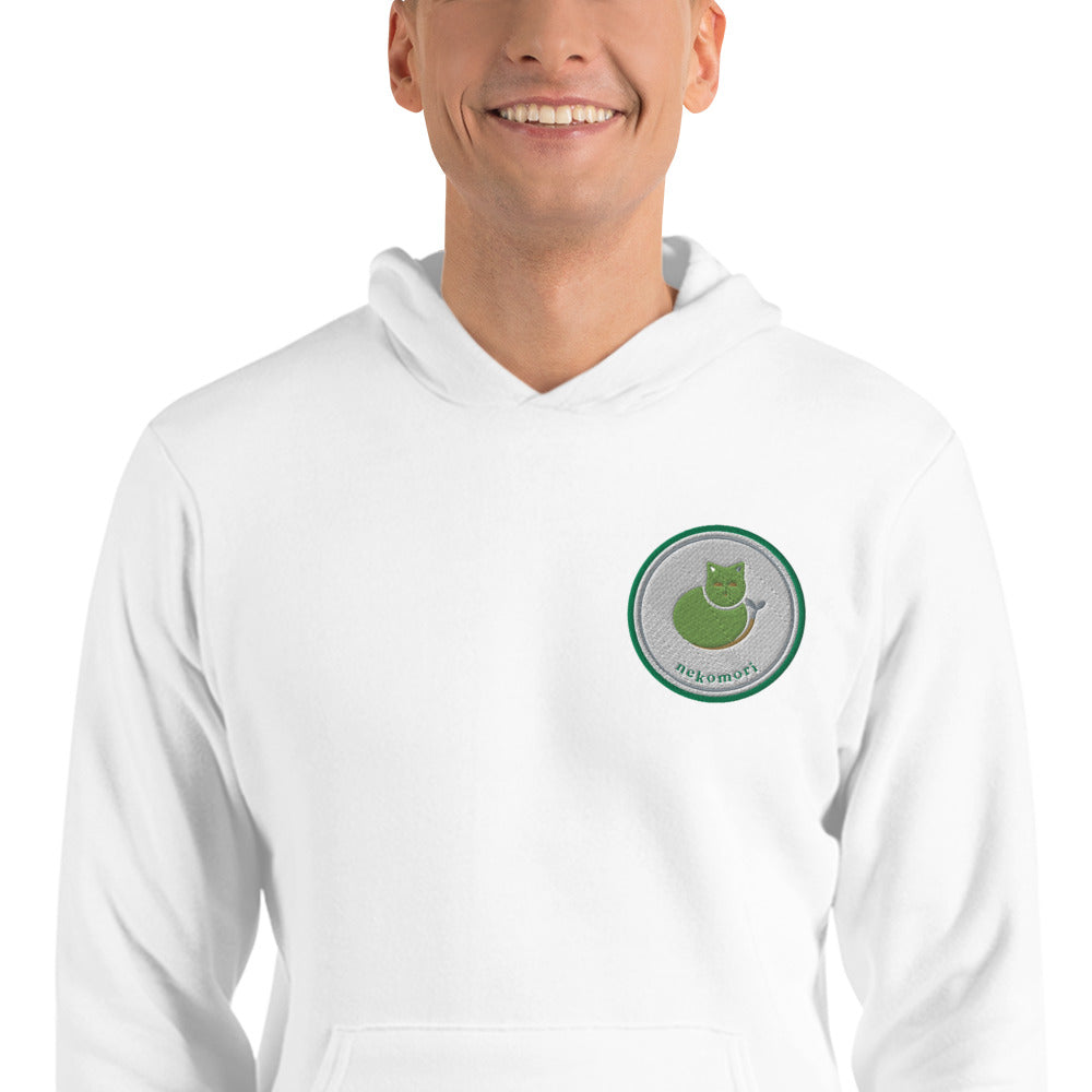 Close-up of the contour cat line work printed on white midweight fleece.